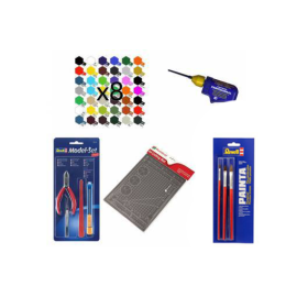 Pack with 8 paints, 3 brushes, glue, pliers, cutter and cutting mat 