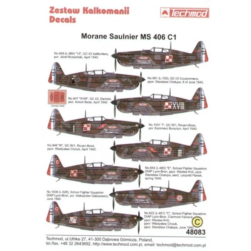 Decals Morane Saulnier MS 406 C1 Armee d l′Air flown by Poli